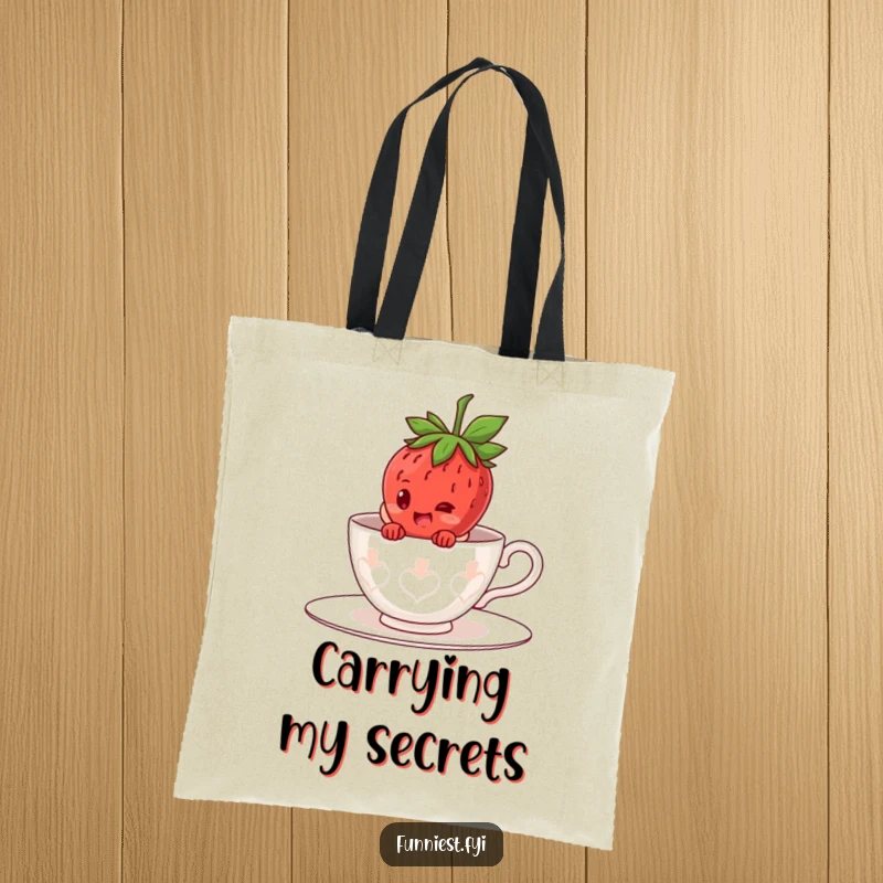Funny giggling strawberry character tote bag, hiding in a giant teacup costume, peeking out with a happy smile.