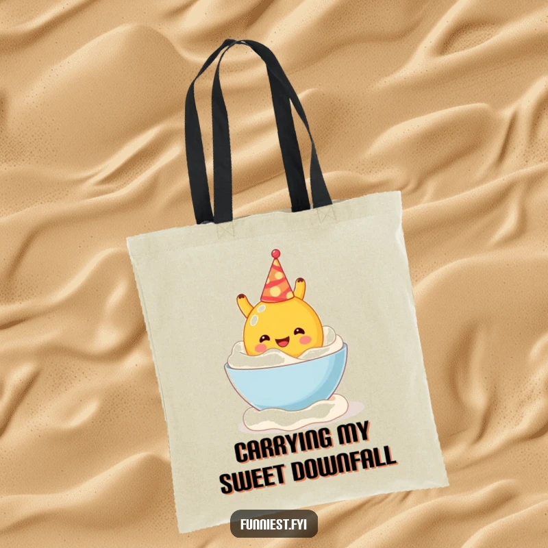 Funny tote bag illustration of a cheerful fruit character with a party hat having a blast falling into whipped cream.