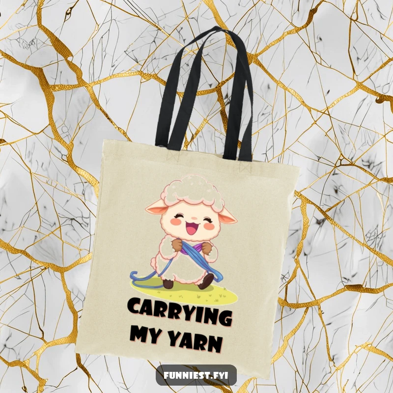 Funny sheep character knitting a rainbow, printed on a durable and stylish tote bag.