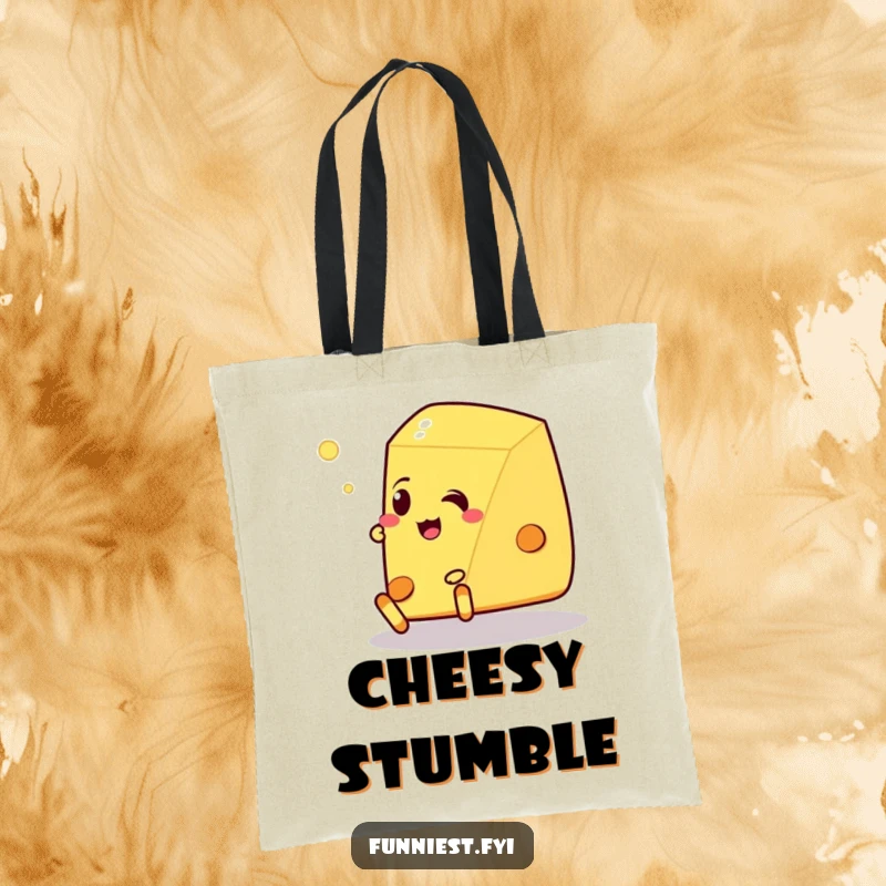 Funny Talking Cheese Pancake Tote Bag: Spacious bag featuring a talking cheese wedge tripping over its feet, excellent for humorous shopping.