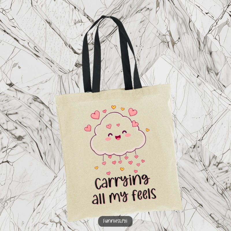 Funny cloud character raining colorful hearts, a versatile tote bag for carrying items with a dose of pure joy and love.
