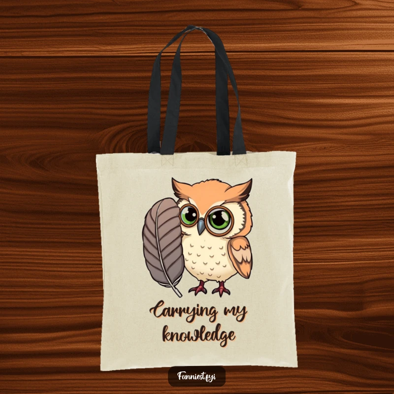 Funny Tote Bag featuring an owl in a monocle, meticulously examining an oversized feather with great interest.