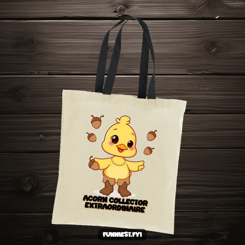 Funny happy duck character wearing oversized boots and juggling acorns on a durable and humorous tote bag.
