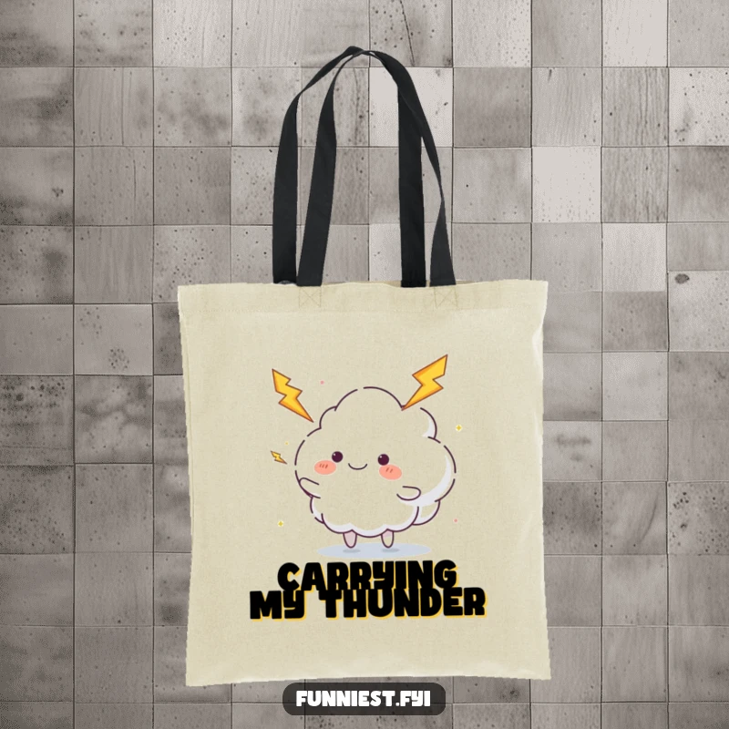 Funny juggling cloud tote bag featuring a fluffy cloud character happily juggling lightning bolts, perfect for carrying energy and essentials.