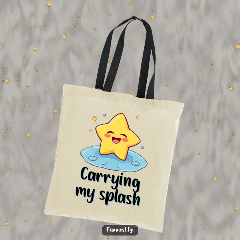 Funny tote bag showcasing a laughing star winking as it falls into a puddle, perfect for carrying joy and daily necessities.