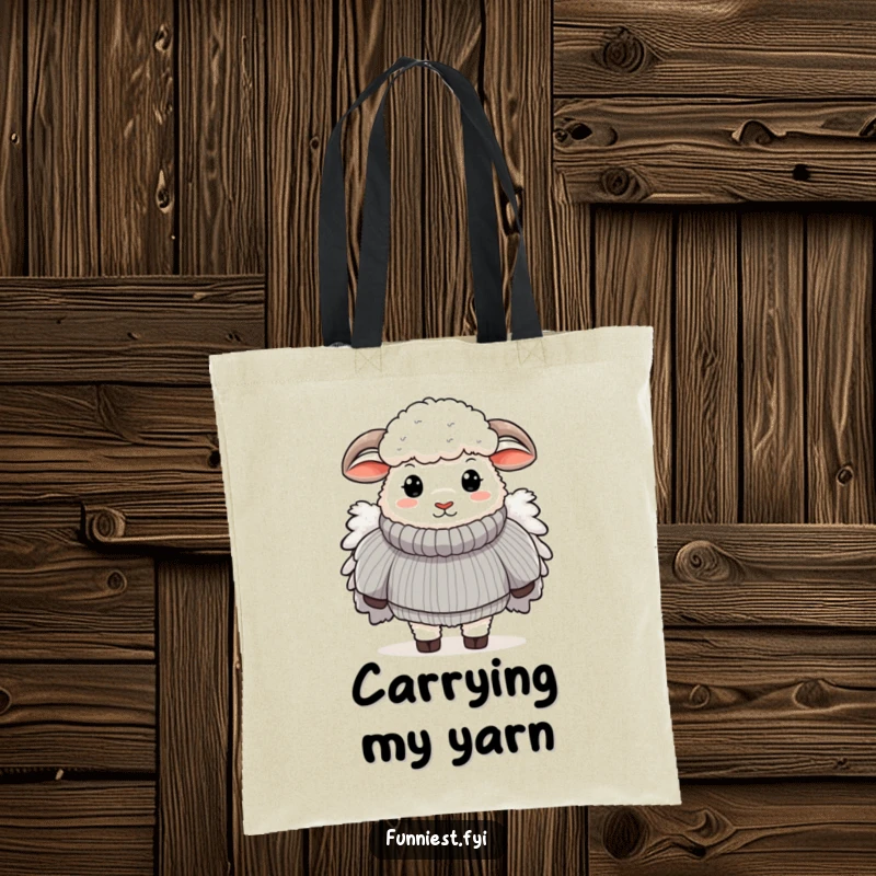 Funny tote bag depicting a sheep wearing a massively oversized, fluffy sweater, a humorous and practical accessory.