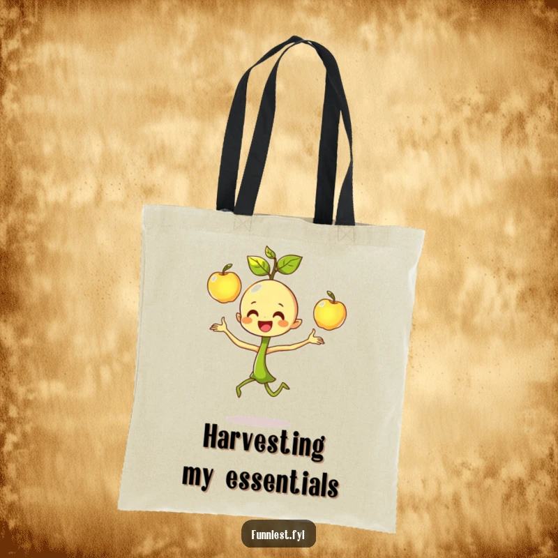 Funny dancing sprout character tote bag, juggling three shiny apples with focused joy and a happy, energetic stance.