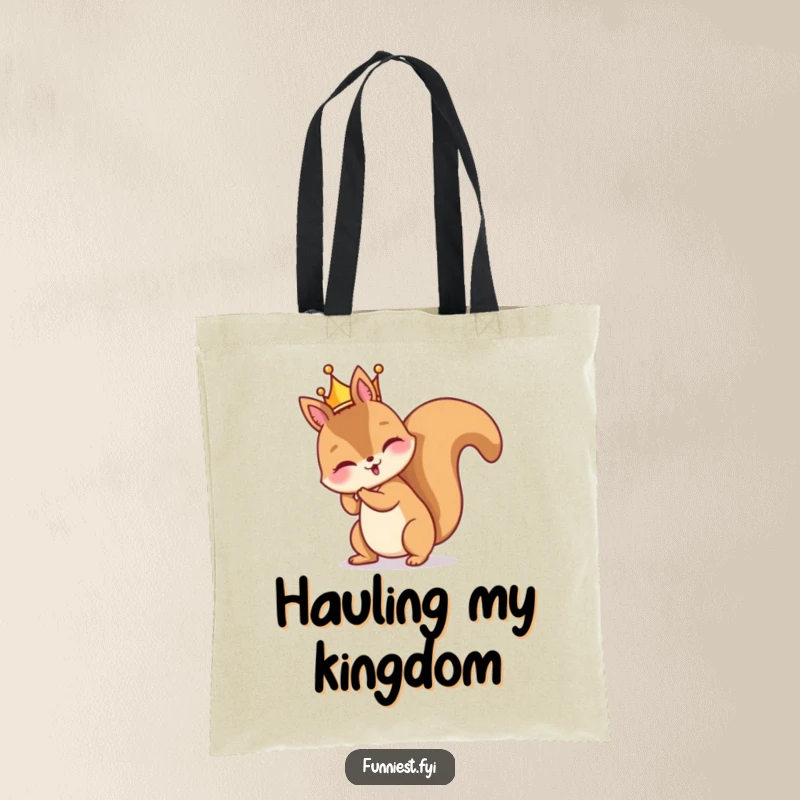 Funny tote bag with a mischievous squirrel character comically wearing a tiny crown backward, looking quite pleased with its regal look.
