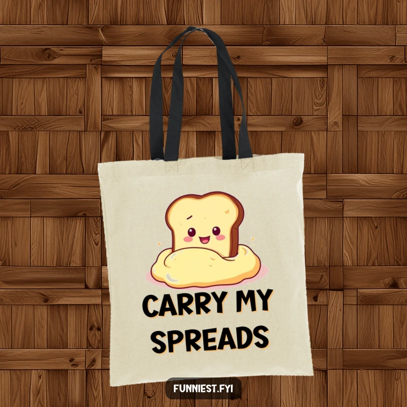 Funny Tote Bag featuring a slice of toast character dramatically diving into a giant butter dollop, a stylish and humorous accessory.