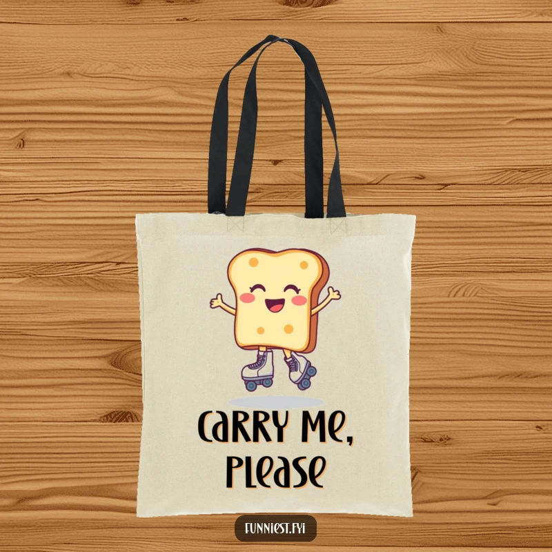 Funny tote bag depicting a happy toast character trying out roller skates with energetic, unsteady moves. A practical and humorous accessory for everyday use.