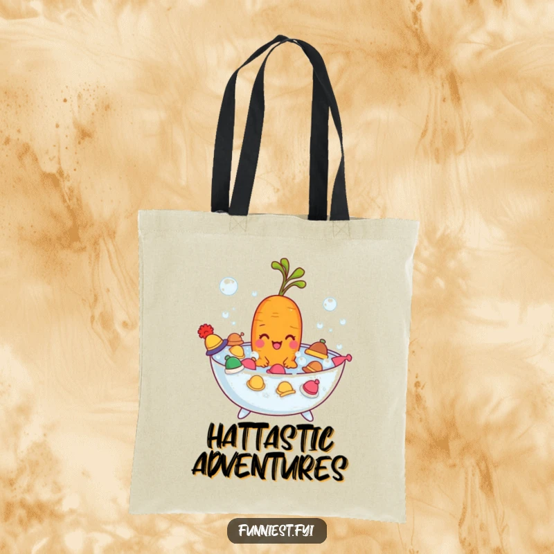 Funny carrot character in a bubble bath wearing tiny hats, a stylish and humorous tote bag for daily use.