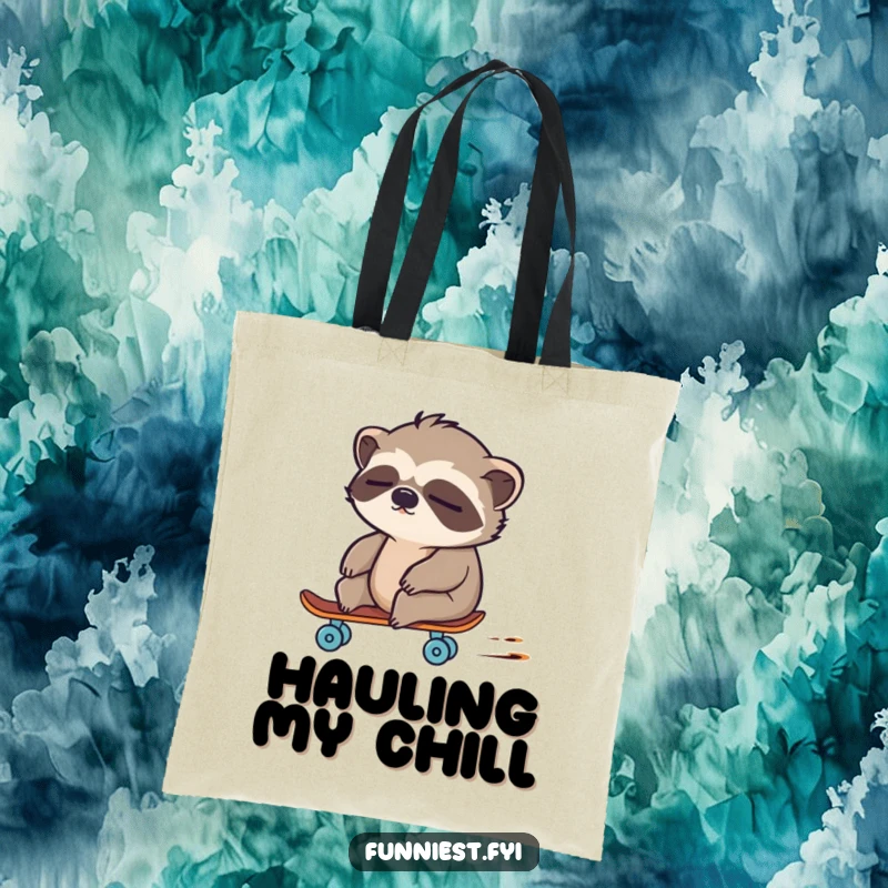 Funny sloth character unexpectedly fast on a tiny skateboard, printed on a durable and stylish tote bag.