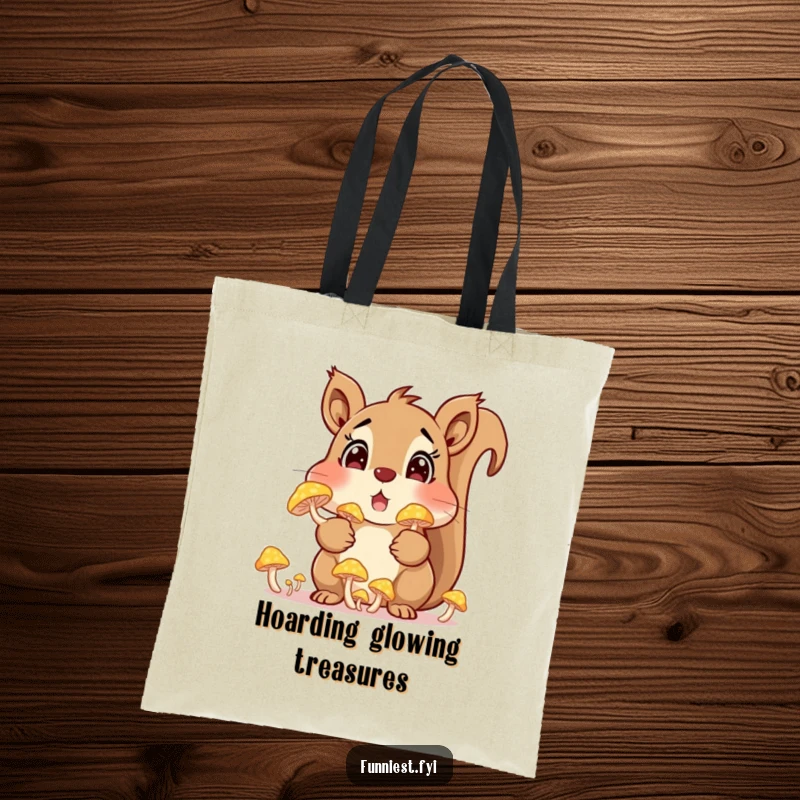 Funny squirrel character with stuffed cheeks full of glowing mushrooms, a versatile tote bag for carrying essentials with woodland whimsy.