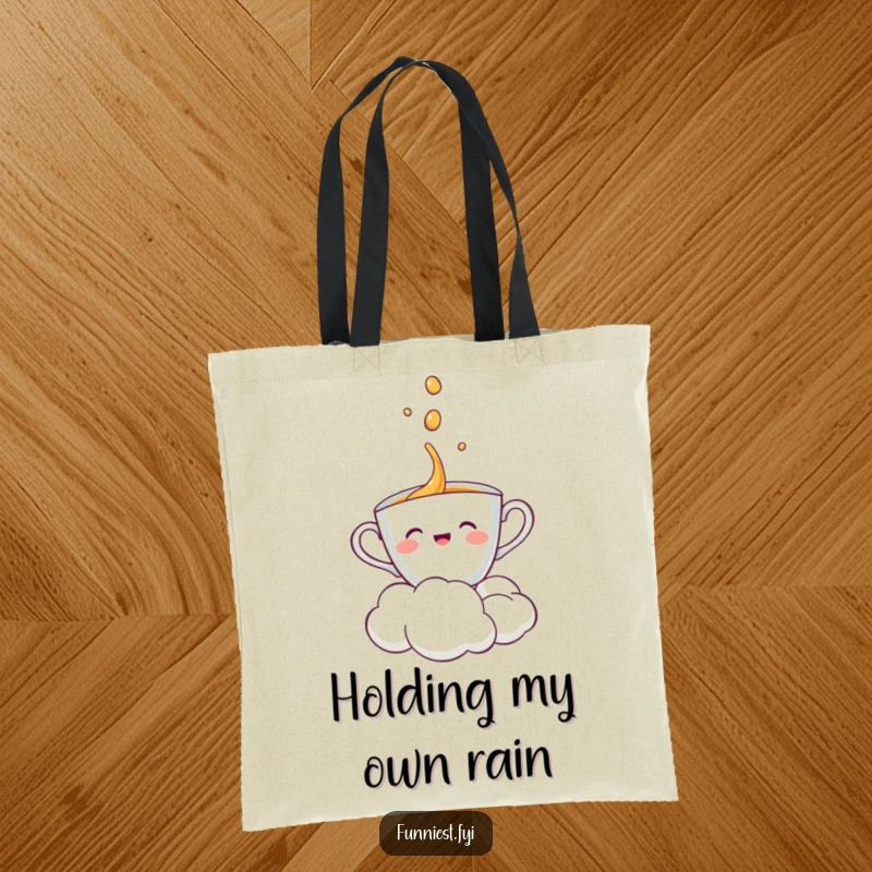 Funny teacup character gleefully being showered by a cloud, printed on a practical and stylish tote bag.